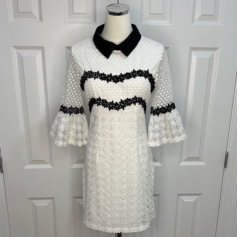 Self Portrait like by 12th Black White Lace Crochet Bell Sleeve Mini Dress SizeM